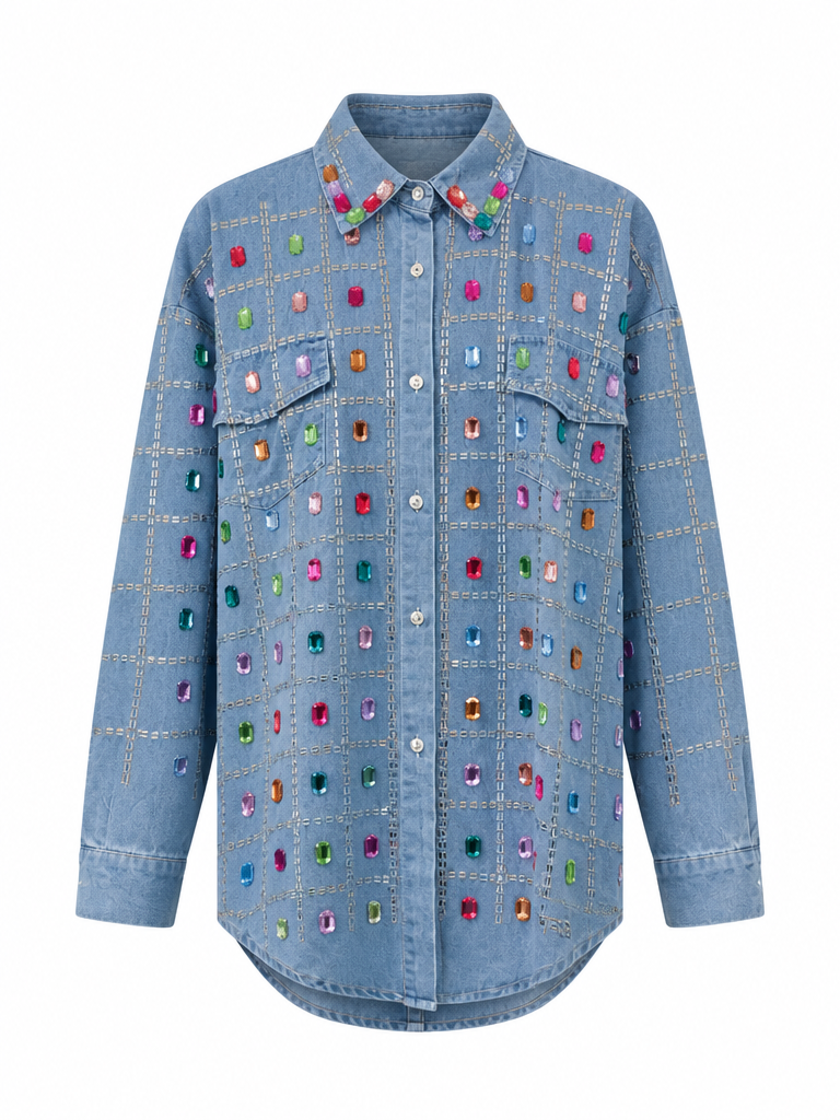 Vibrant Rhinestone Denim Blouse