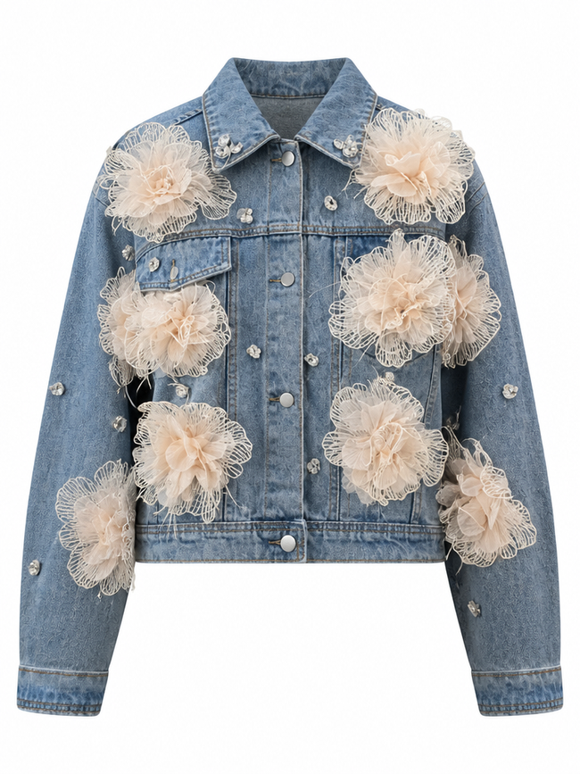 Audacious Floral Embellished Denim Jacket Hover Image