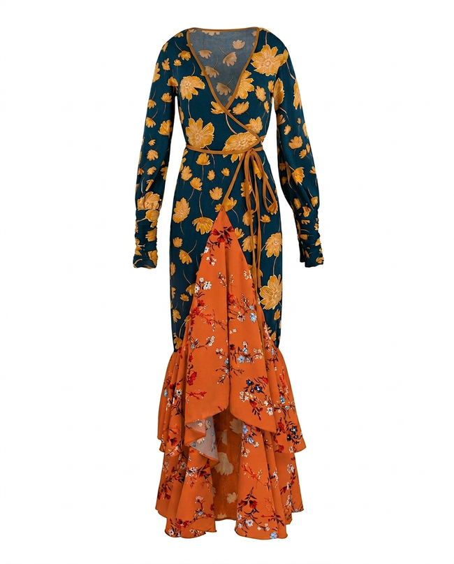 Wanderlust Patchwork Ruffled Maxi Dress Hover Image
