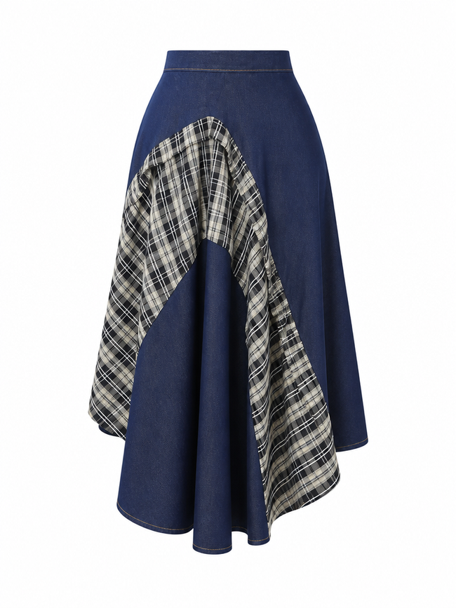 Unique Patchwork Denim Maxi Skirt Hover Image
