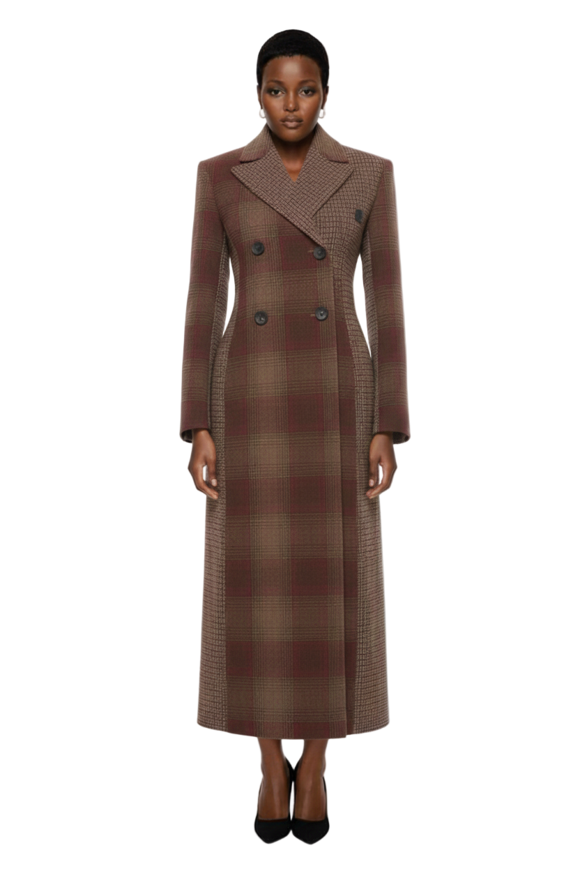 Colorblock Plaid Double Breasted Coat