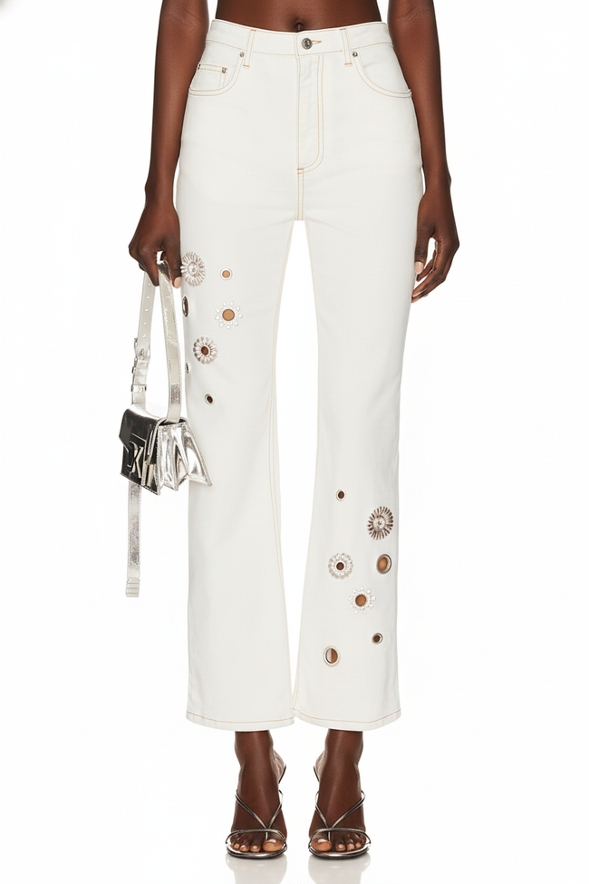 Crystal Grommet Straight Leg Jean Hover Image