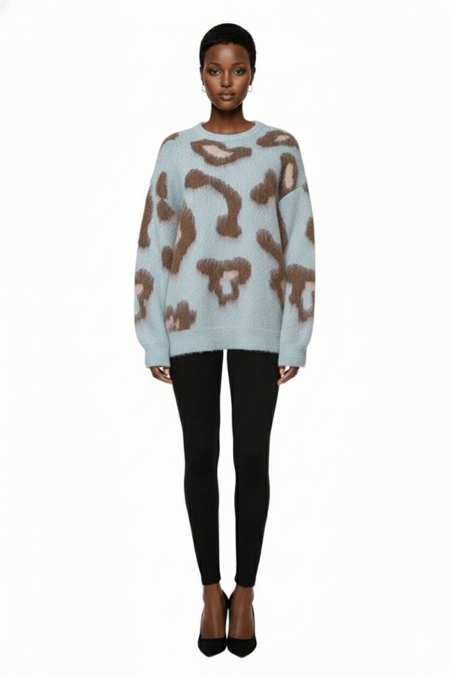 DAZY Relaxed Oversized Leopard Print Knit Sweater For Women Fall,Winter Hover Image