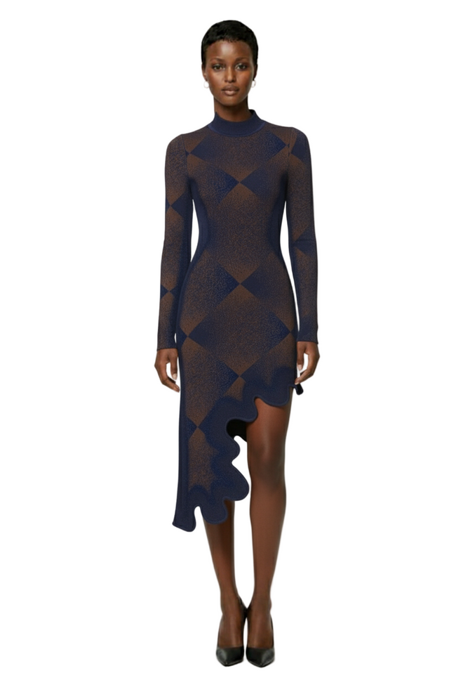 Dobby Long Sleeve Wavy Plaid Dress Hover Image