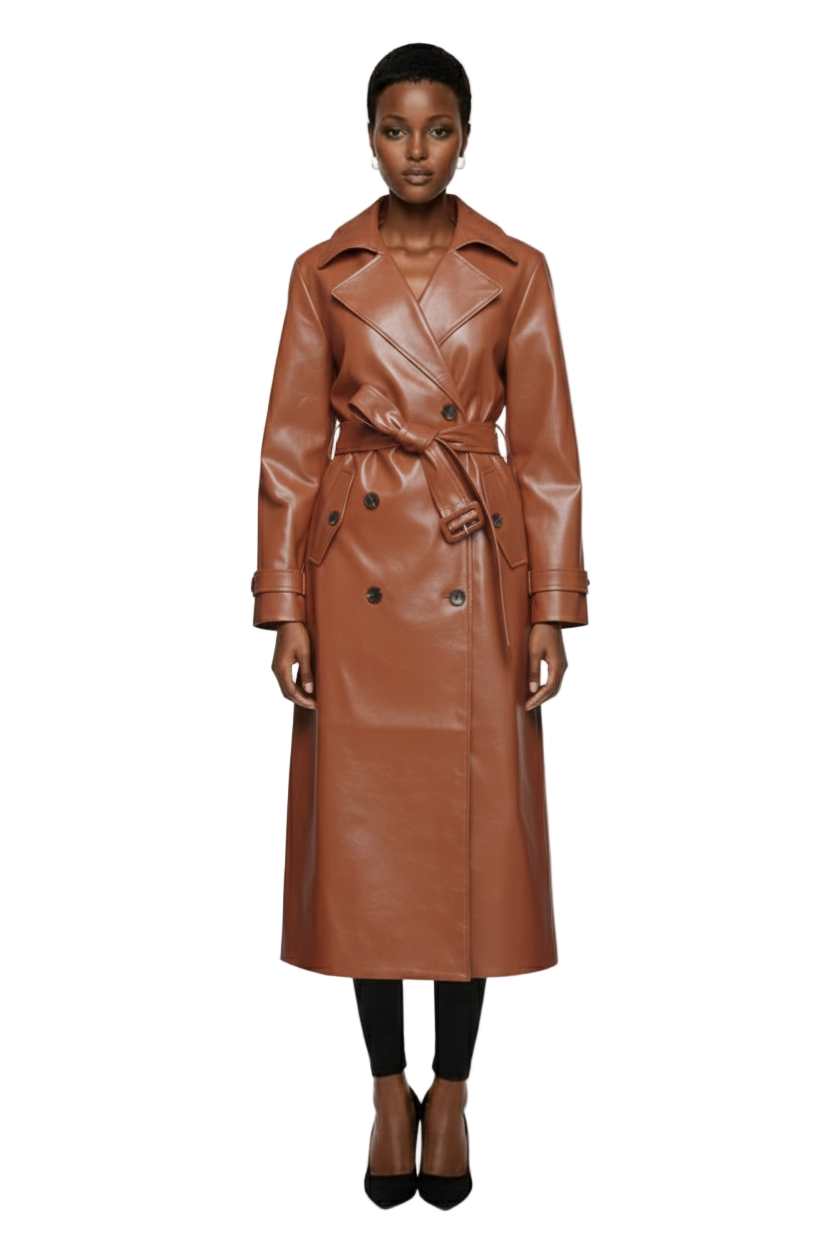 Double Breasted Faux Leather Trench Coat