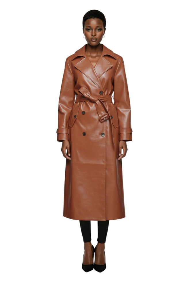 Double Breasted Faux Leather Trench Coat Hover Image