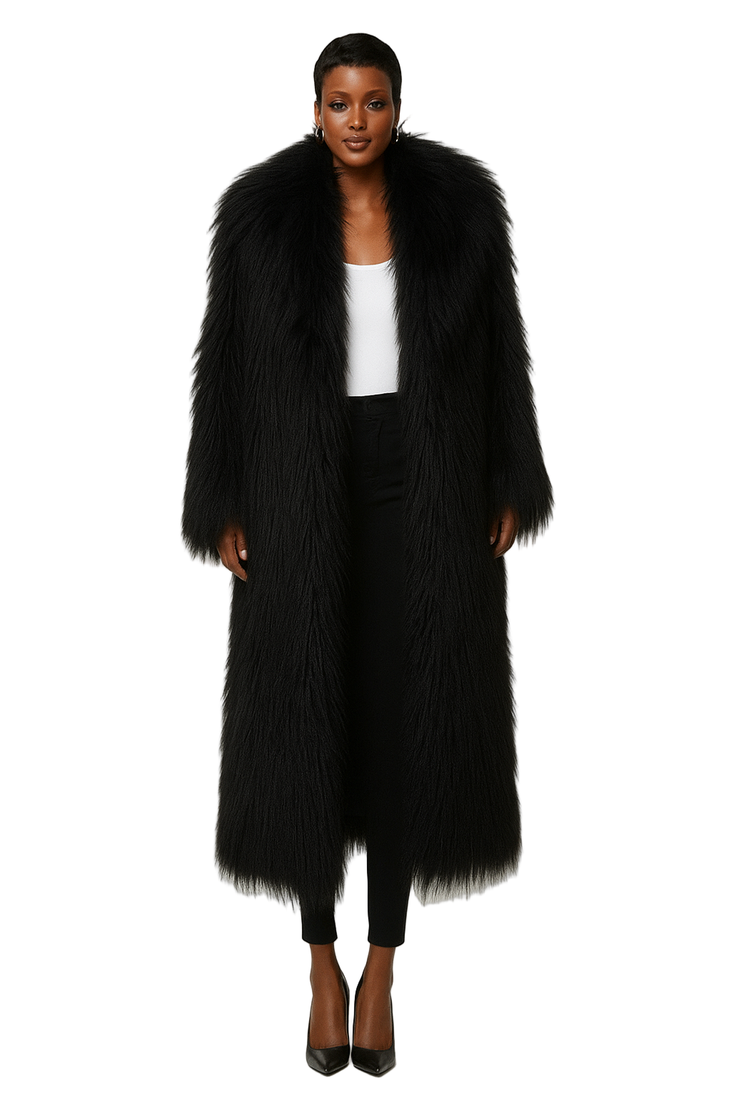 Elegant Women's Long Faux Fur Coat Loose Fit Long Sleeve Collar With Pockets Hem Black
