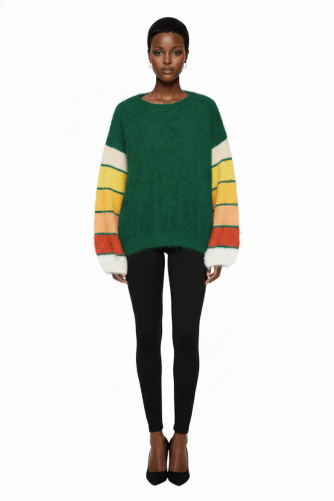 Fall Women Clothes Silk Mohair With Colored Striped Balloon Sleeves Hover Image