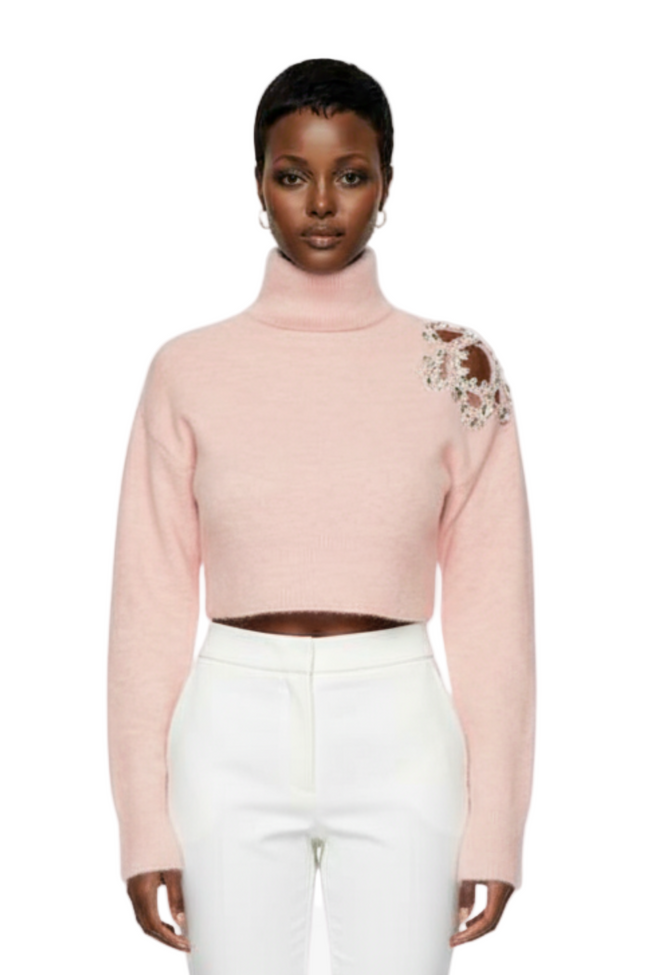 Flower Cropped Turtleneck Sweater Hover Image