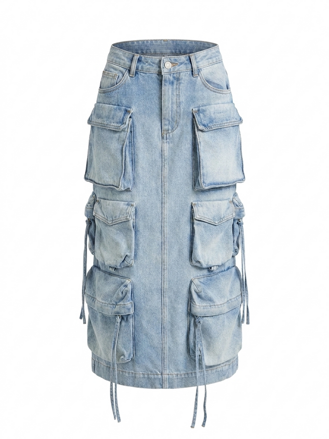 Audacious Denim Cargo Midi Skirt Hover Image