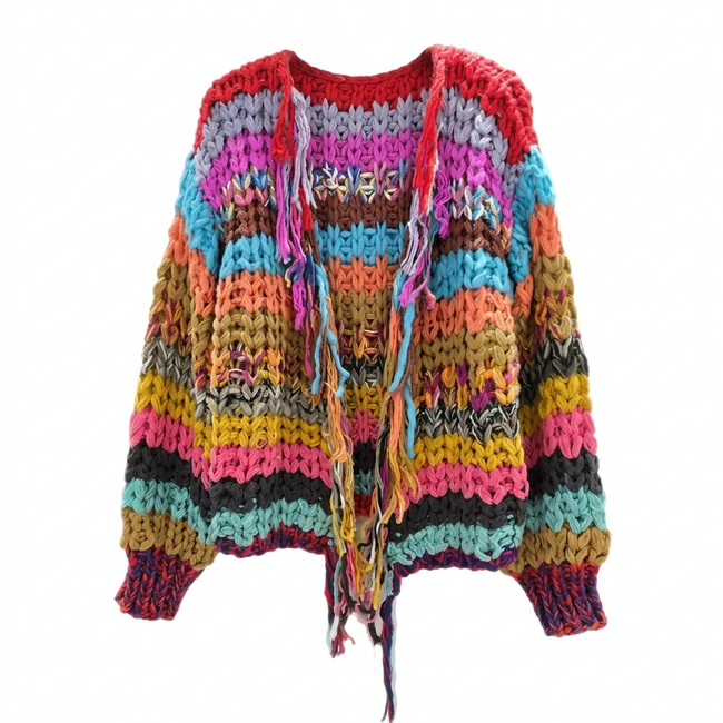 Vibrant Striped Tassel Cardigan Hover Image