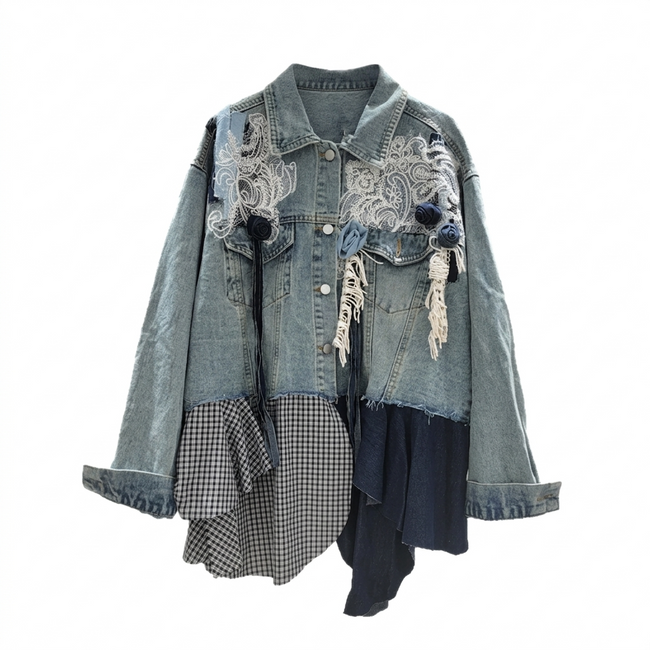 Unique Patchwork Tassel Denim Jacket Hover Image