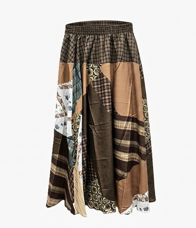 Unique Patchwork Plaid Maxi Skirt Hover Image