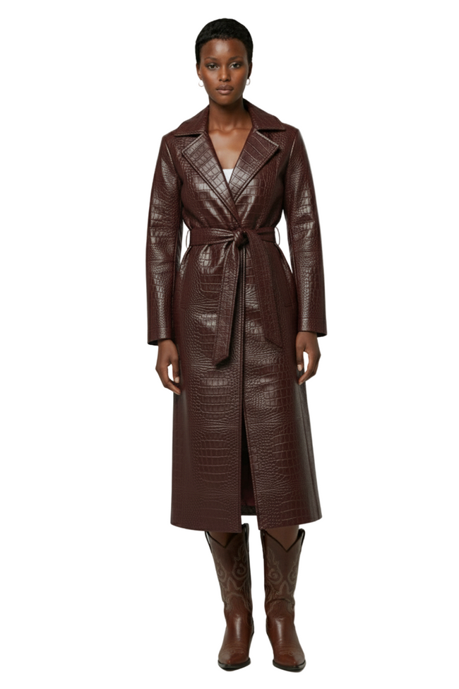 Burgundy Bright Mirror Crocodile Pattern PU Leather Jacket Hover Image