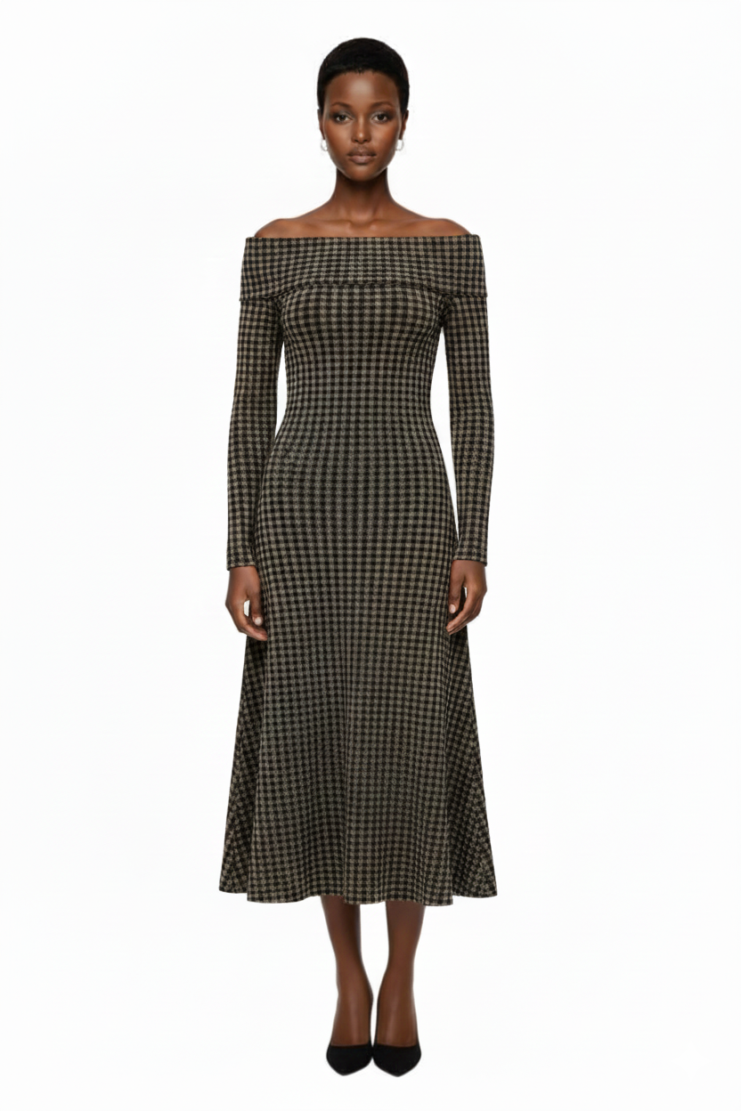 Gingham Knit Off Shoulder Dress