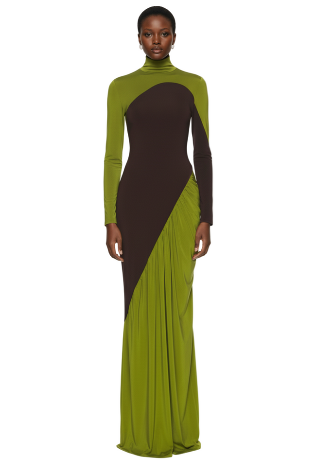 Helsa The Abstraction Color Blocked Jersey Dress in Pistachio & Coffee Bean Hover Image