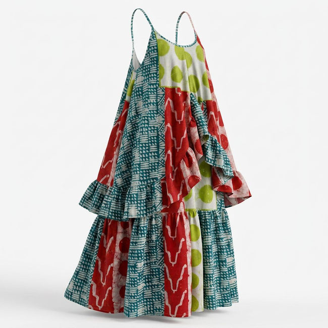 Imi Adire Mixed-Print Midi Dress - Voluminous & Elegant Hover Image