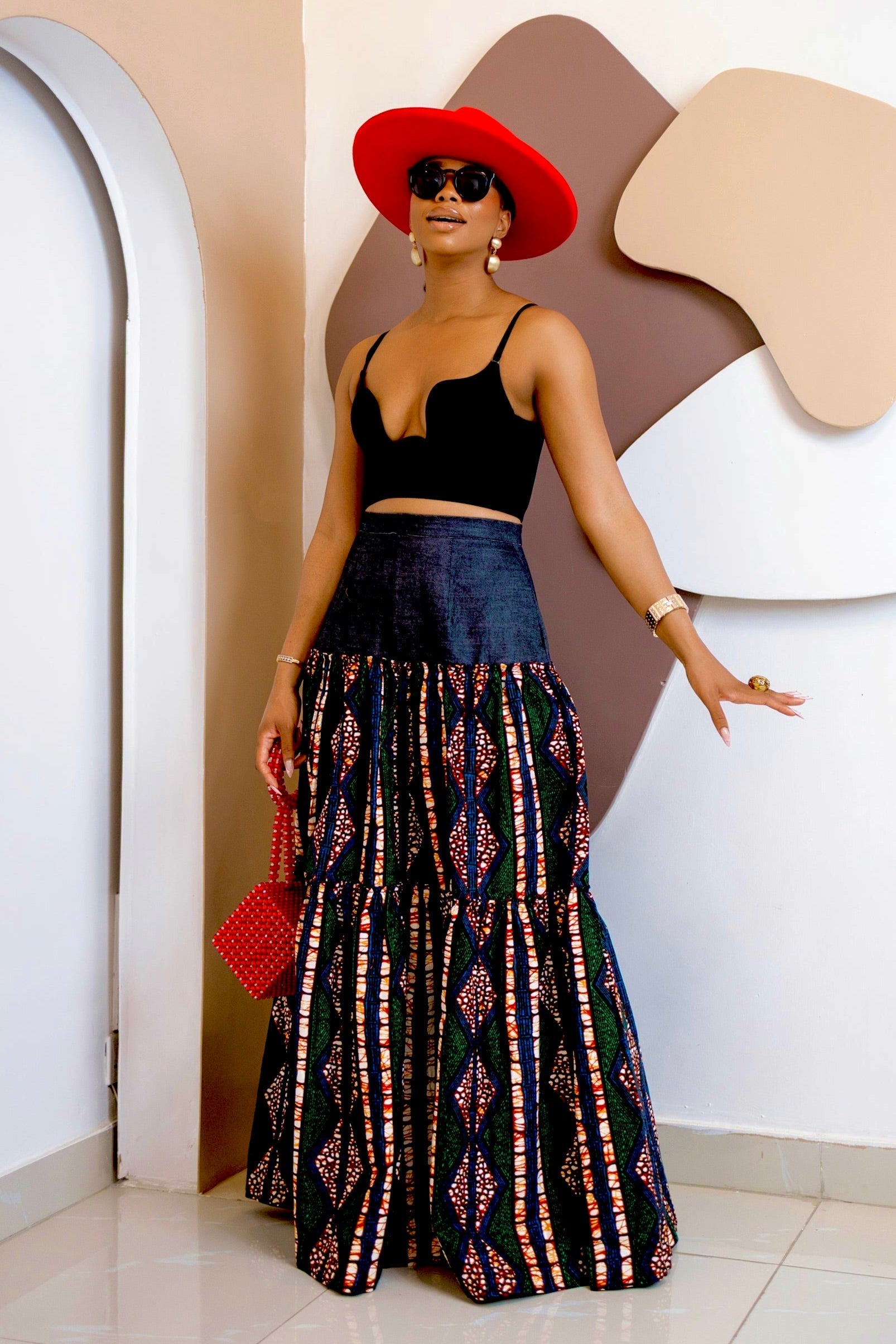 Adventurous Ankara Denim Maxi Skirt