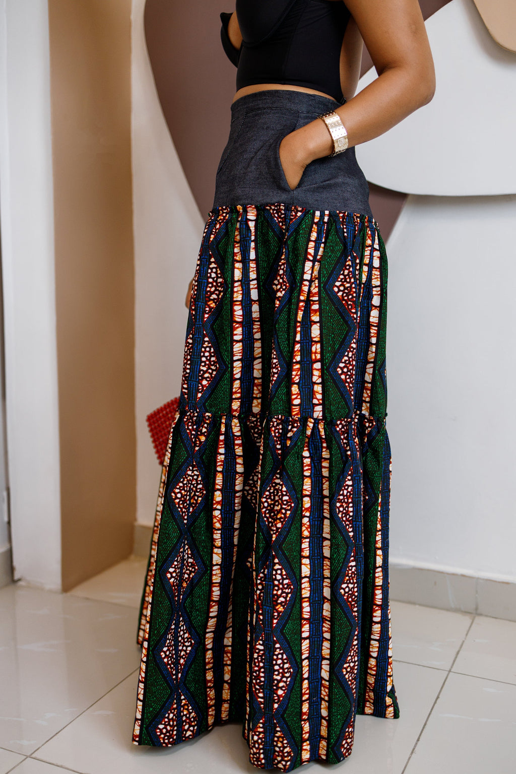 Adventurous Ankara Denim Maxi Skirt