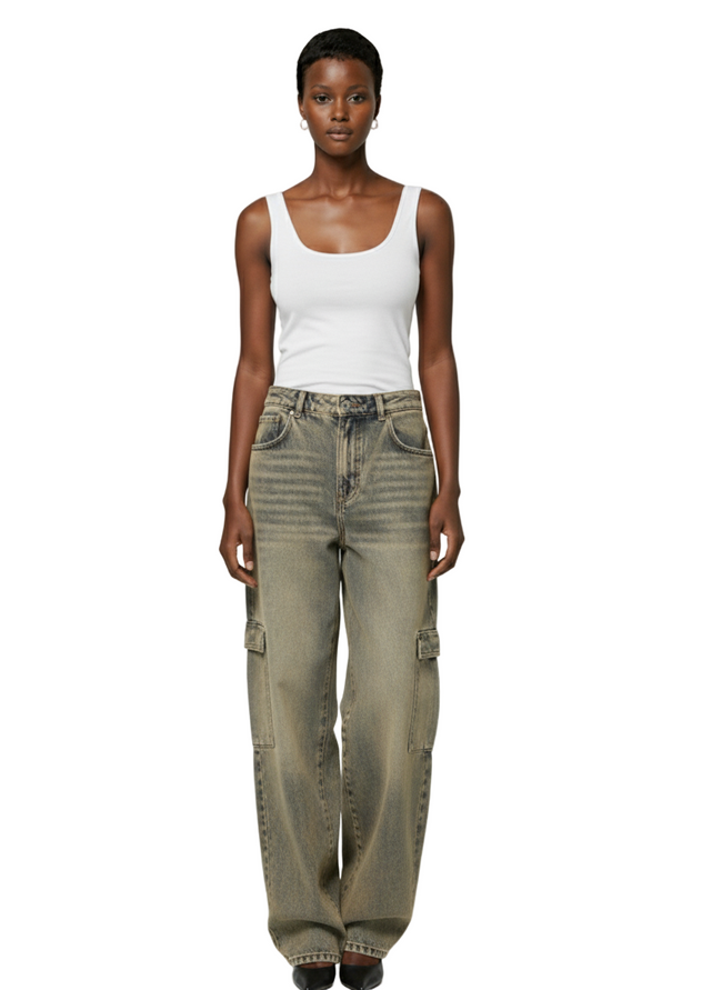 KIZN High Rise Washed Cargo Jeans Wide Leg Palazzo Denim Pants With Utility Pockets Hover Image
