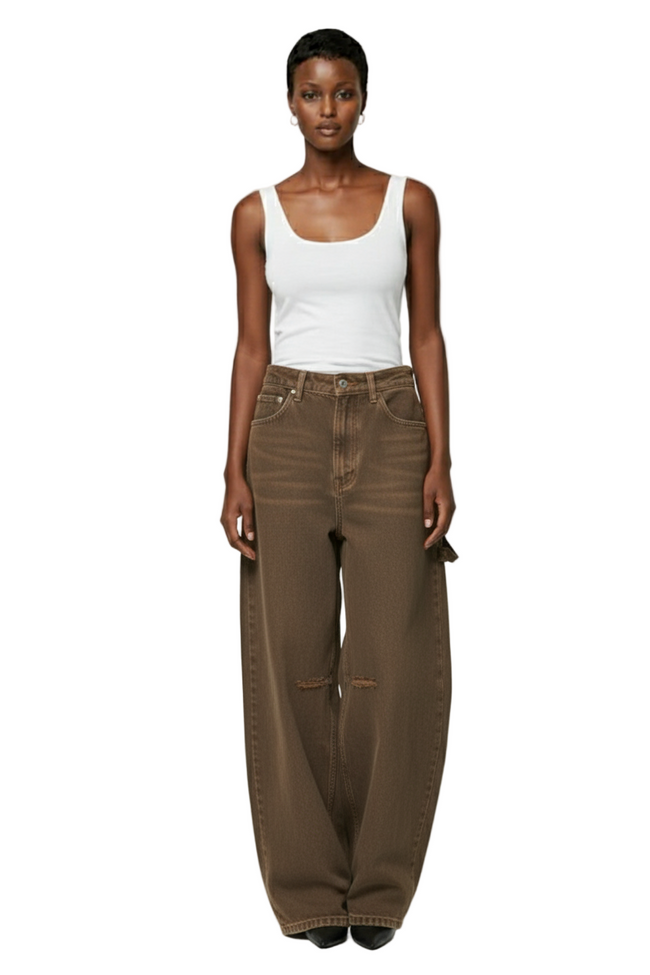 KIZN High Rise Wide Leg Cargo Jeans With Side Pockets And Cuffed Hem Hover Image