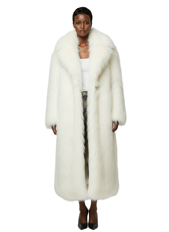 KIZN Luxurious Long Faux Fur Maxi Coat Winter Outerwear Statement Piece Hover Image