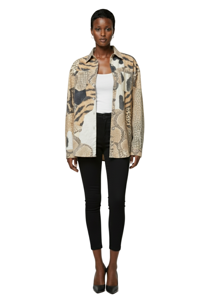 KIZN Luxury Animal Print Blouse Mixed Pattern Button Up Shirt Snake Leopard Tiger Print Hover Image