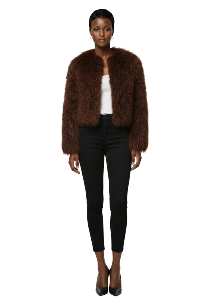 KIZN Mongolian Shaggy Fur Cropped Jacket Teddy Coat Hover Image
