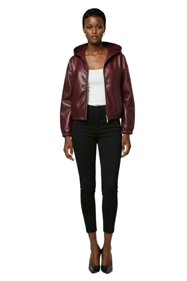 KIZN PU Leather Hooded Sweatshirt Oversized Cozy Jacket Hover Image