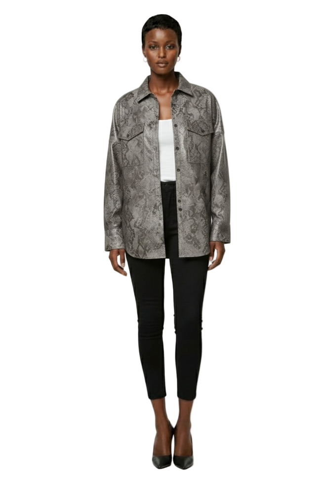 Snake Print Faux Leather Button Down Oversized Shirt Hover Image
