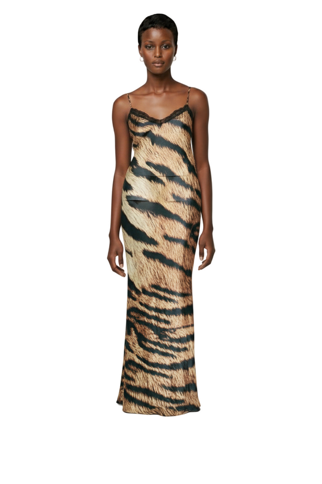KIZN Tiger Print Lace Trim Slip Evening Maxi Dress Satin Floor Length Hover Image