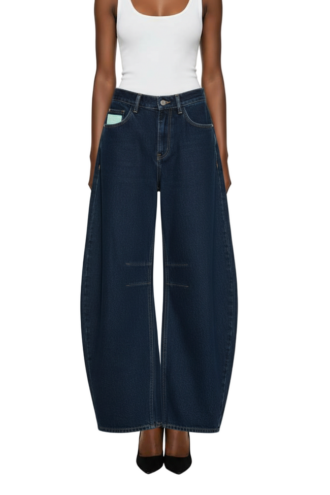 KIZN Wide Leg Denim Jeans Barrel Cut High Waisted Raw Indigo Hover Image