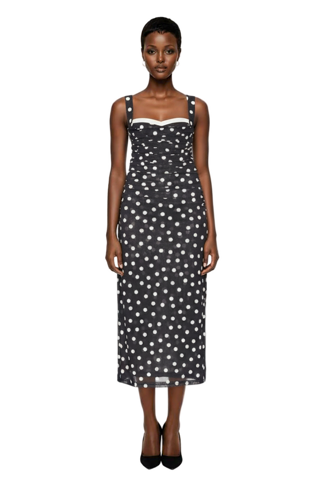LPA Carla Midi Dress in Black And Cream Dot Hover Image