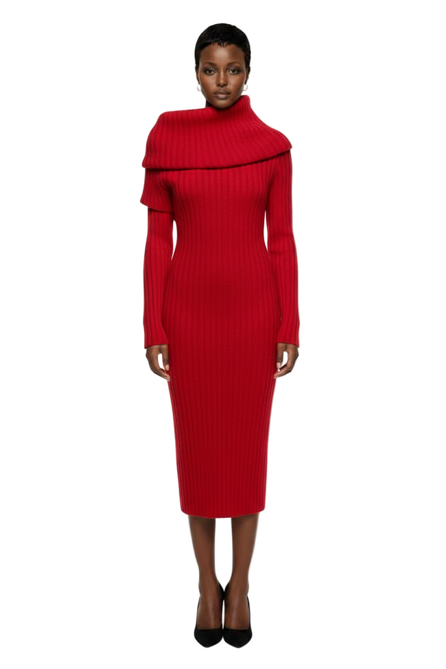 LYSMO SELECTION 2025 New Arrive Fall Winter Asymmetric Collar Fitted Knit Dress Hover Image