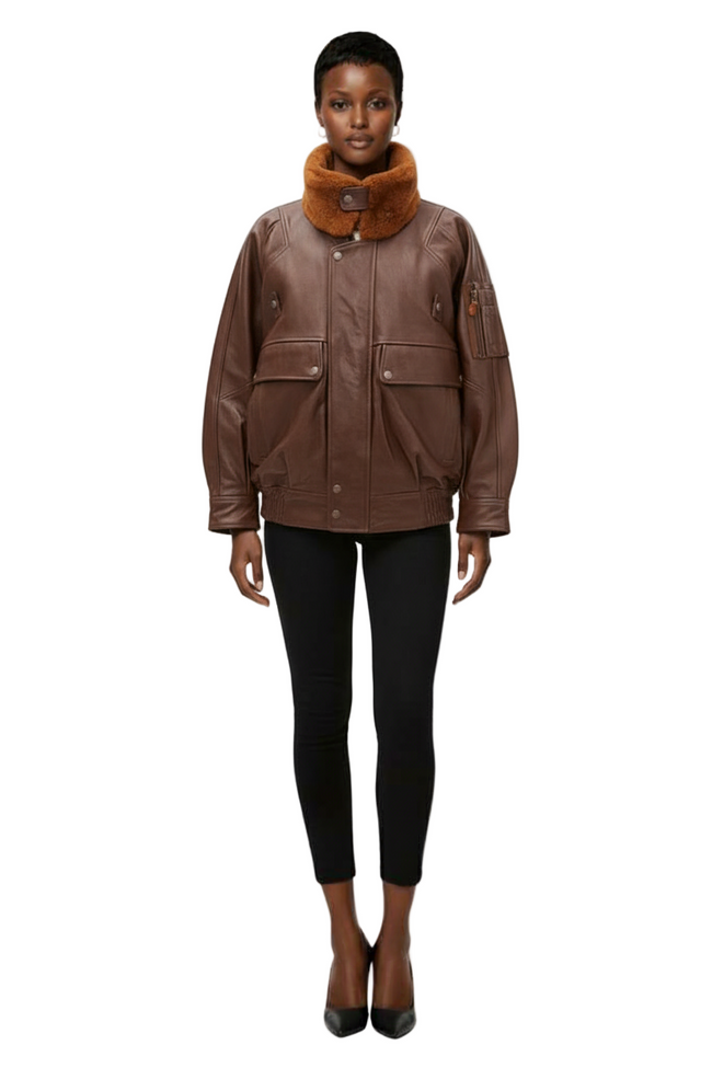 Leather Flight Jacket with Shearling Collar Hover Image