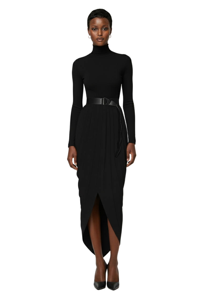 Long Sleeve Turtleneck Waterfall Dress