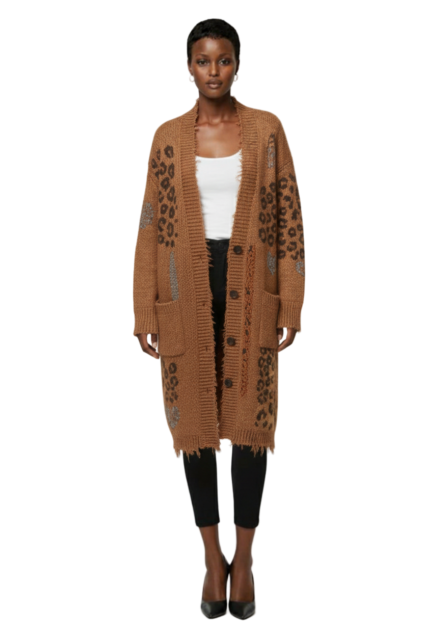 Longline Bohemian Animal Print Distressed Cardigan