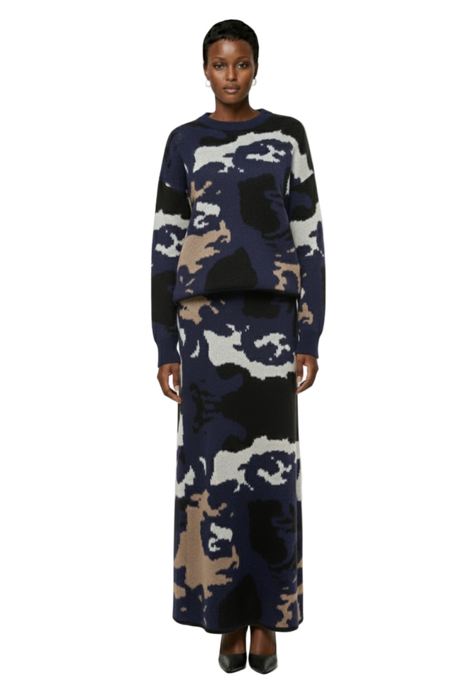MISSGUIDED Chunky Knit Camouflage Pattern Two Piece Co-Ord Sweater Skirt Set Hover Image