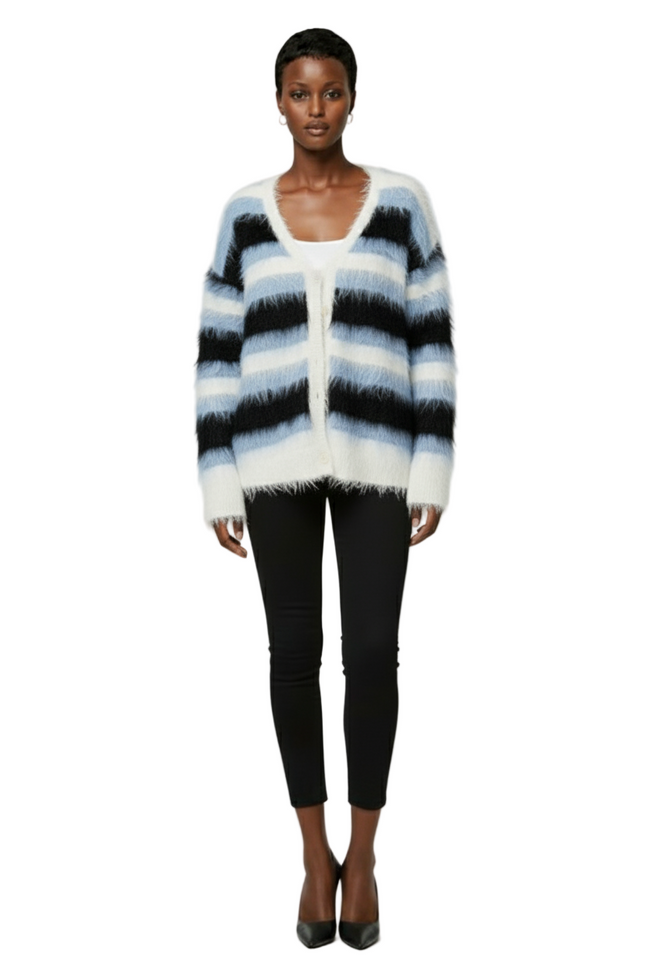 MISSGUIDED Fuzzy Knit Cardigan Winter Oversized Long Sleeve Button Front Striped Sweater Hover Image