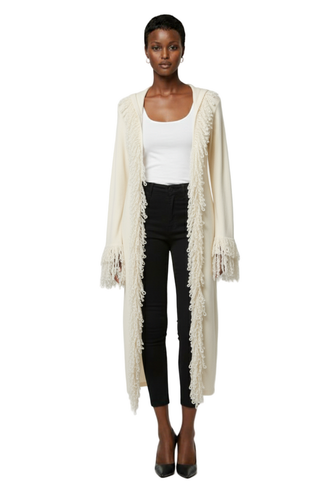 MUSERA Knitted Longline Maxi Cardigan Fringe Fur Trim Streetwear Hover Image