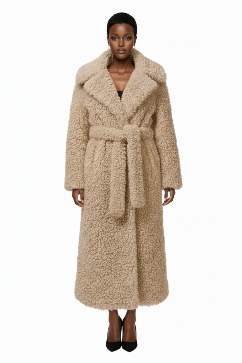 MUSERA Oversized Foldover Collar Tie Waist Maxi Length Fur Coat