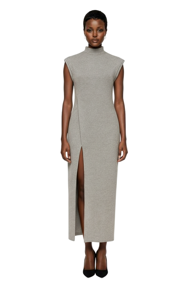 Grey Solid Color Modern Urban Elegant Round Neck Drop Shoulder Dress Hover Image