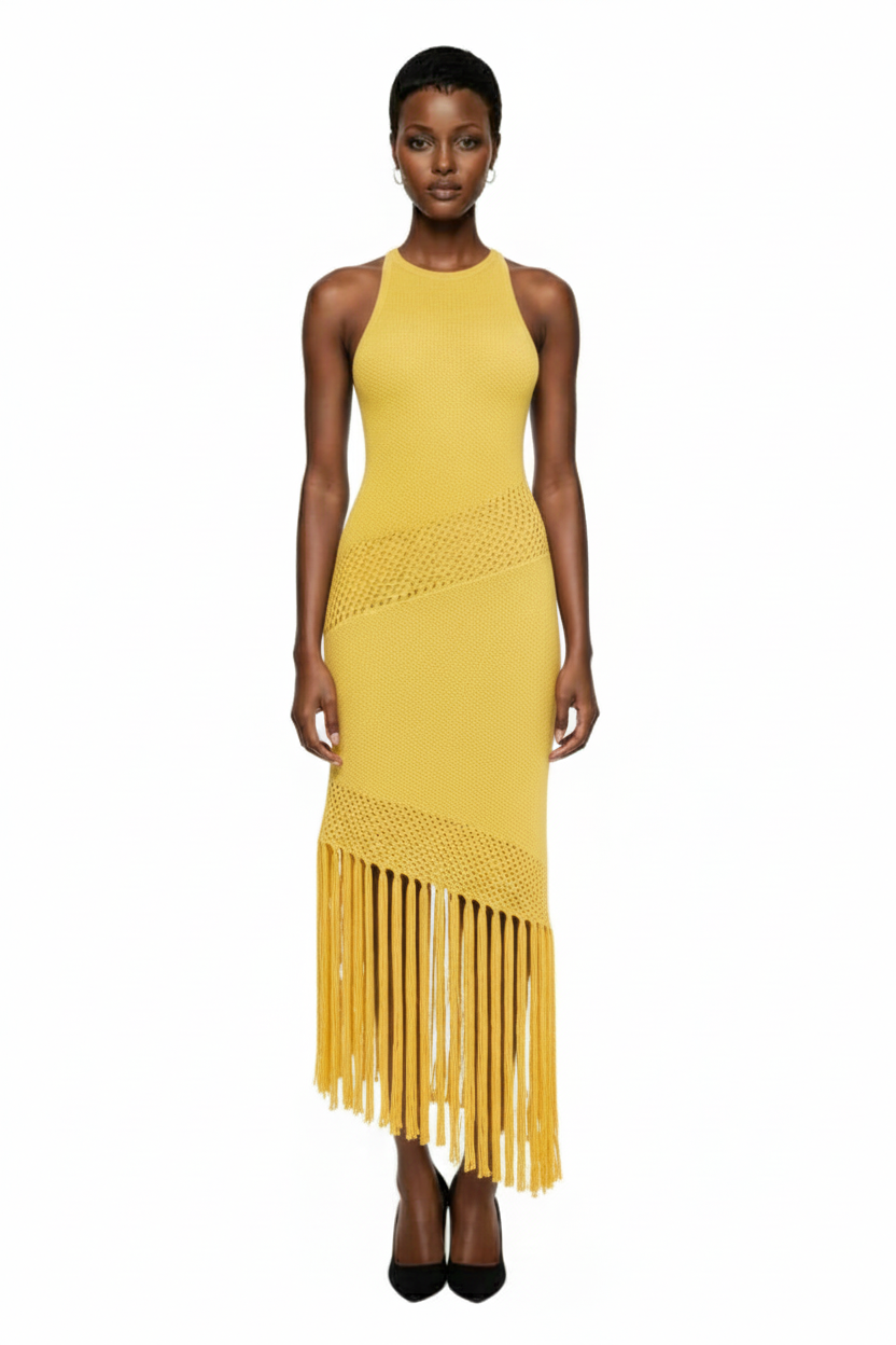 Maija Women's Sleeveless Hollow Textured Fabric Fringe Hem Fitted Dress