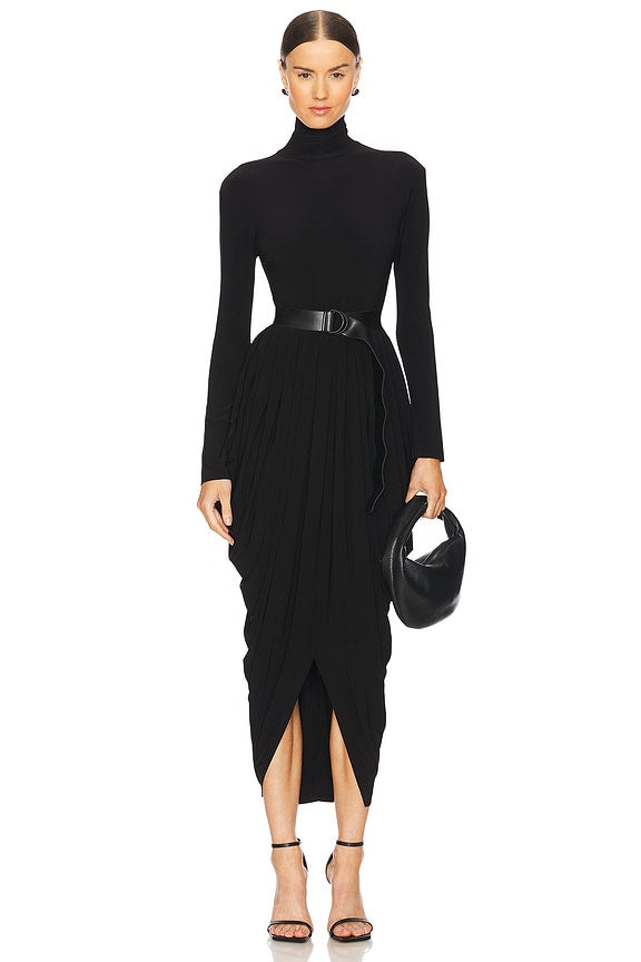 Norma Kamali Long Sleeve Turtleneck Waterfall Dress in Black