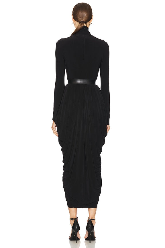 Norma Kamali Long Sleeve Turtleneck Waterfall Dress in Black