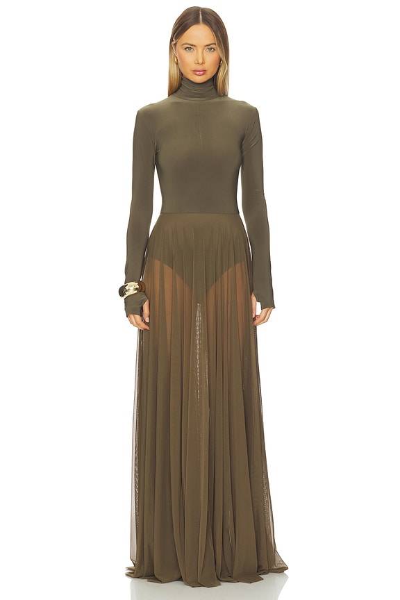 Norma Kamali x REVOLVE Long Sleeve Turtleneck Flared Gown in Bark