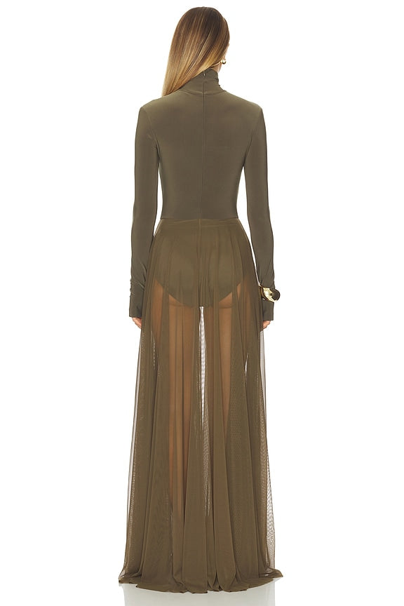 Norma Kamali x REVOLVE Long Sleeve Turtleneck Flared Gown in Bark