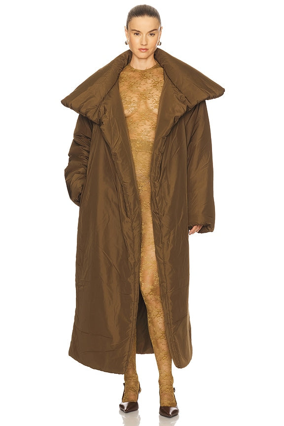 High Collar Sleeping Bag Coat Long in Bark Main Image