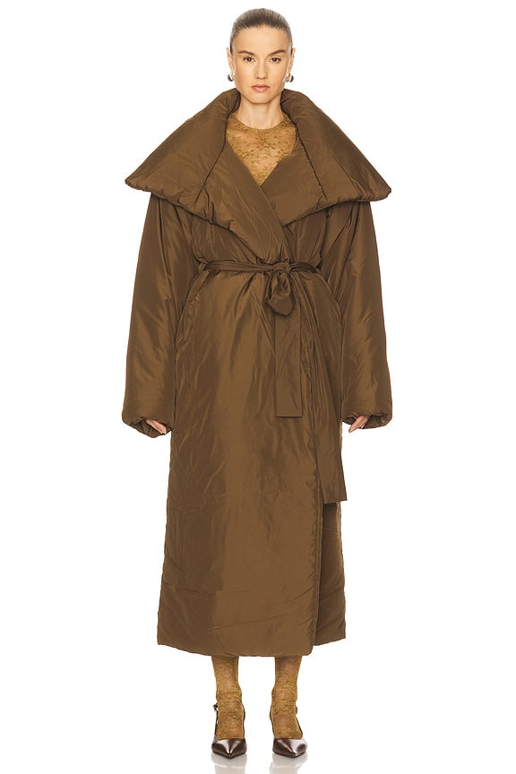 High Collar Sleeping Bag Coat Long in Bark