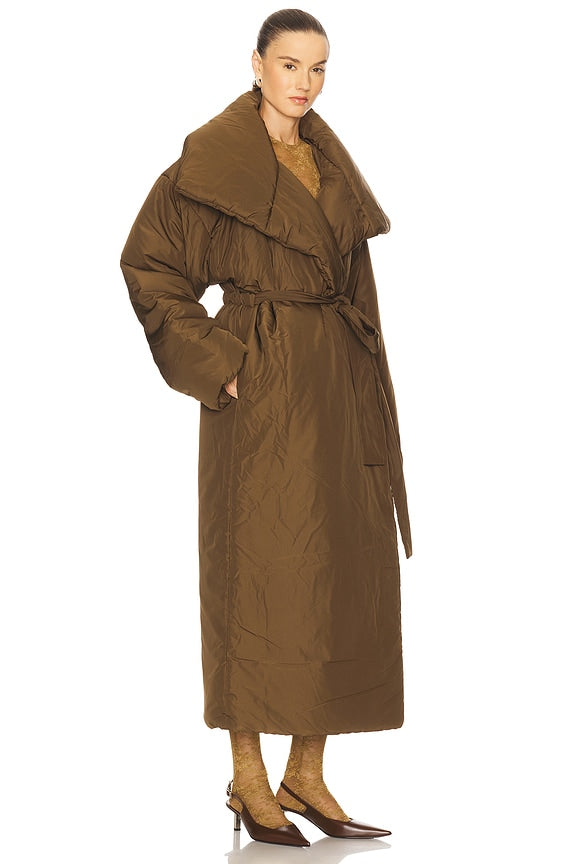 High Collar Sleeping Bag Coat Long in Bark
